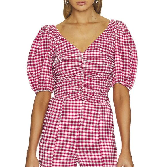 Ganni Love Potion Seersucker Ruched V-Neck Puff Sleeve Top Blouse 34/S - Picture 1 of 6